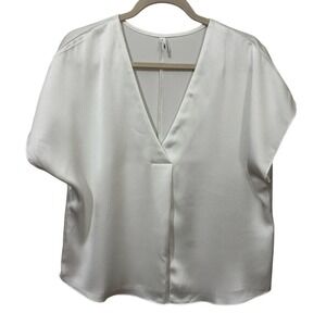 Glam‎ Blouse Women M White Solid Textured V-Neck Dolman Sleeve Minimalist GT5383